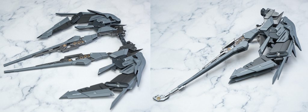 今回のミキシング作品は本体よりも武装のイメージを先行して制作しました。作品名にもしている、某オンラインゲームにでてくる武器をイメージして制作、収納状態は翼のような見た目で装備する際には鎌のような形状になるというのを再現しました。使用素材はMGストライクフリーダム、MGデスサイズヘル、MGデスサイズヘルルーセット装備、HGシナンジュMGテスタメントガンダムです&nbsp;去年制作したアスタニッシュブリッツも最初はこれを作る予定でしたがどんどんイメージからずれていったので今年はリベンジできました。