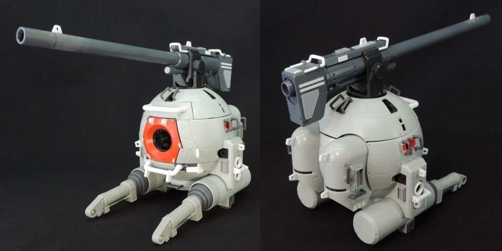 ■外装ディティール追加　一年戦争で大量投入された架空の兵器である「ボール」を工業製品として捉え、外装にどのようなディティールを追加したらよいか考えながら製作しました。破損や故障が発生した箇所は、装甲ごと取り替えたり、ユニットやモジュールごと入れ替えたりしていたと想像し、整備性や作業効率の観点から機体各所に固定用フックを掛ける箇所を多数設けました。また、推進器、側面の窓、バーニア等を宇宙デブリ等の物理的な衝撃から保護する目的で、コの字型の”格子”を各所に取り付けました。