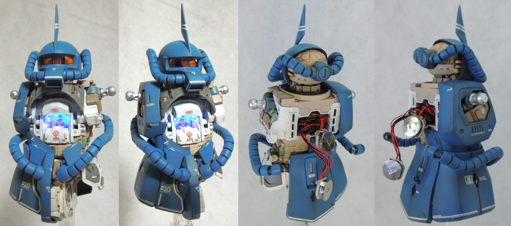 ランドセルの近くに磁石を近づけることにより、頭部とコクピットを点灯させることができます。モノアイそのものが光ると対象物を見ることはできないのでは？というこだわりから、モノアイの上部が光るように工作しました。コクピットは天井、前方、左右のコンソールが光ります。