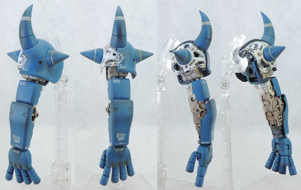 ■左腕　肩アーマーはスパイクをヤスリで先鋭化し、中央で切り離して内部フレームが見えるように加工しました。ピンバイスによる開口やスジボリ、金属部品の取付等によりディティールを追加しています。フィンガー・バルカンにはHIQPARTS製の「イージーガンマズル(1.5mm)」を取り付けました。