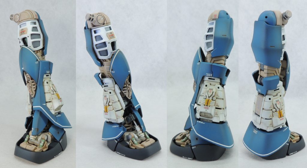 ■左脚部　大腿部の前側、ひざ下、スネのサイド、足の甲の装甲を取り外したままとし、内部メカやフレームを露出させました。細かい塗り分けやマーキングにより、精密感のアップを狙いました。
