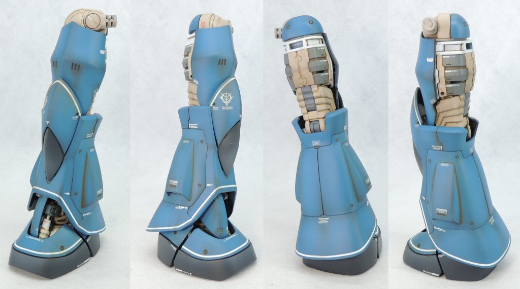 ■右脚部　左脚部と対比させるため、外装甲を装着しています。大腿部の後ろ側と足の甲の一部を取り外し、内部メカやフレームが見えるようにしました。