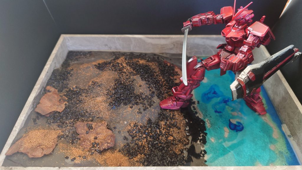 全体図です。ジオラマ作成は相変わらず楽しい。水面はレジン３色に水用ジェルを使用しました。