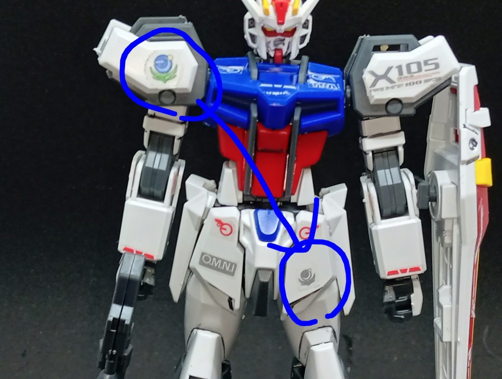 SC30さんの教えを活用し、地球連合軍のマークを左上から右下へ斜めに貼ってみました。色と大きさは違いますが、うるさくならないようにやってみました！