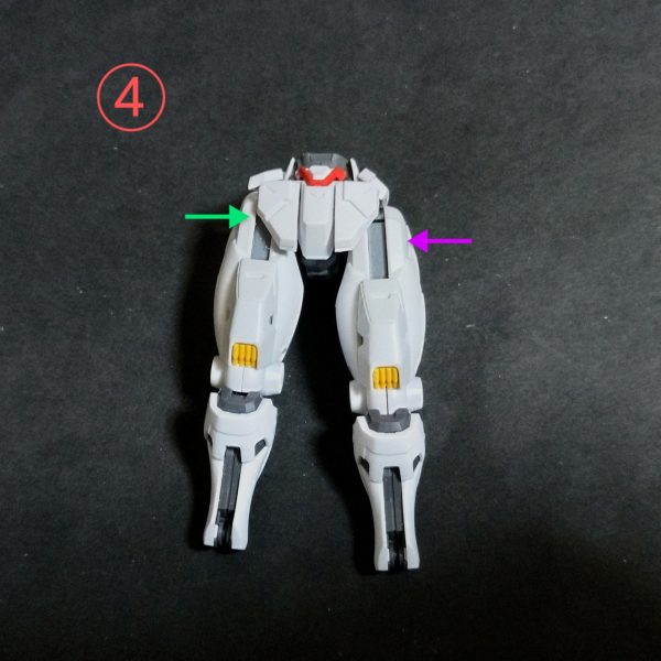 エアリアル製作で時間が無いのですが、少しだけプロポーション調整をします！最近のキットは構造的に切り貼りができないので少々のパーツの加工で乗り切ります🙏①肩の付け根のパーツを少し削って角度を付くように加工。②加工の前後の比較！ここまで位置が変わります。③股関節の可動パーツにプラ板でスペーサーを造り脚の付け根位置を移動。④でここまで位置が変わります。⑤足裏にプラ板を貼ってかさ増しします。時間も無いので改造はこの辺が限界ですね💦（4枚目）