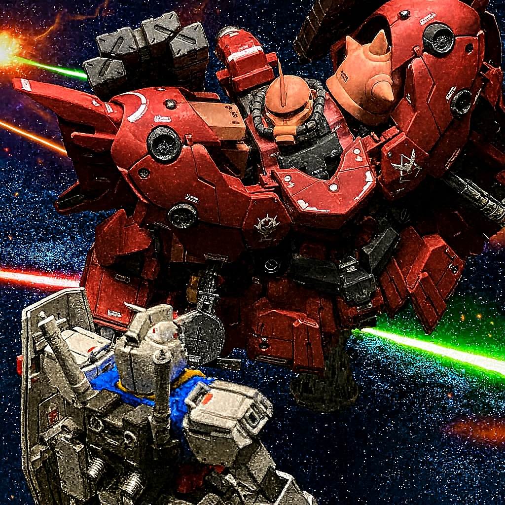 そしてコレは、「背景にビームの光や爆発がほしい」とAIに追加のおねだりをした1枚です。なぜか、写真の質感まで変わってしまいましたが、「通信状態がよくないモニター映像」みたいで、コレはコレでアリかと・・・。