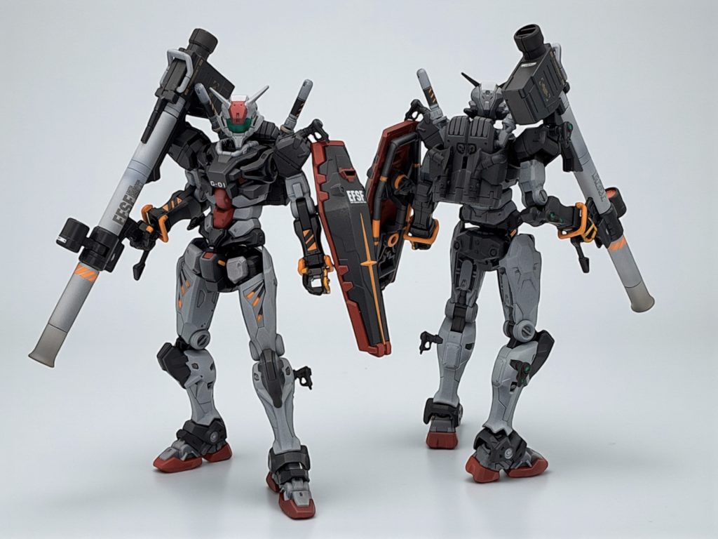 白いガンダムについては①を見ていただくとして、01ガンダムです。多くの先人と同様、軽キャノンの頭と赤いガンダムのミキシングで作成しています。バズーカはオリジン版を拝借しました😃