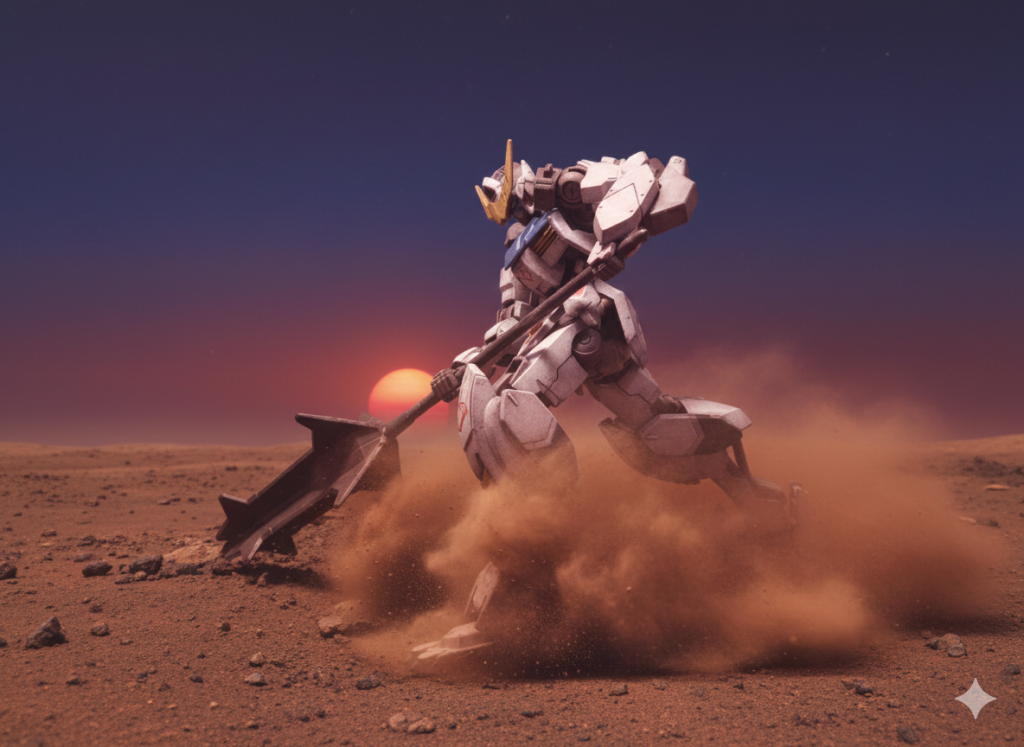 一話(火星)の劇中の初登場直後のシーンを参考にGeminiに指示したらこうなった。本体の写真と指示だけで、一発でこれ出してきたのでよくできたと思う。さて、いつものメガサフヘビィからの水性ホビーカラーのレシピです。基本塗装分のみ。白: ディアクティブホワイト > グランプリホワイト赤: モンザレッド > サーモンピンク青: ガンダムエアリアル改修型ブルー > ライジングフリーダムブルー > ガンダムエアリアル改修型ブルー黄: ハイネオレンジ > ガンダムイエロー黒、武器柄、滑空砲: ファントブグレー > ジャーマングレーグラウ退色フレーム: (メカサフヘビィ)>軍艦色1、+焼鉄色など色々武器: ダークアイアン(履帯色)(タミヤアクリル)+ 焼鉄色(刃先)第1形態の腕のガントレット: ライトブルー > イザーク専用機スカイブルーあとはちょこちょこと塗ったり描いたり。青は2色目が明るすぎて、再度1色目と同じエアリアル改修型ブルーで押さえたら、想定の色に落ち着きました。ピンクのライン(胸以外)と目はシールです。胸のピンクラインのシールがラインだけでなくて白地までついてきたので、これは使わずにエナメルの赤と白混ぜたので塗ってます(墨入れの要領)。