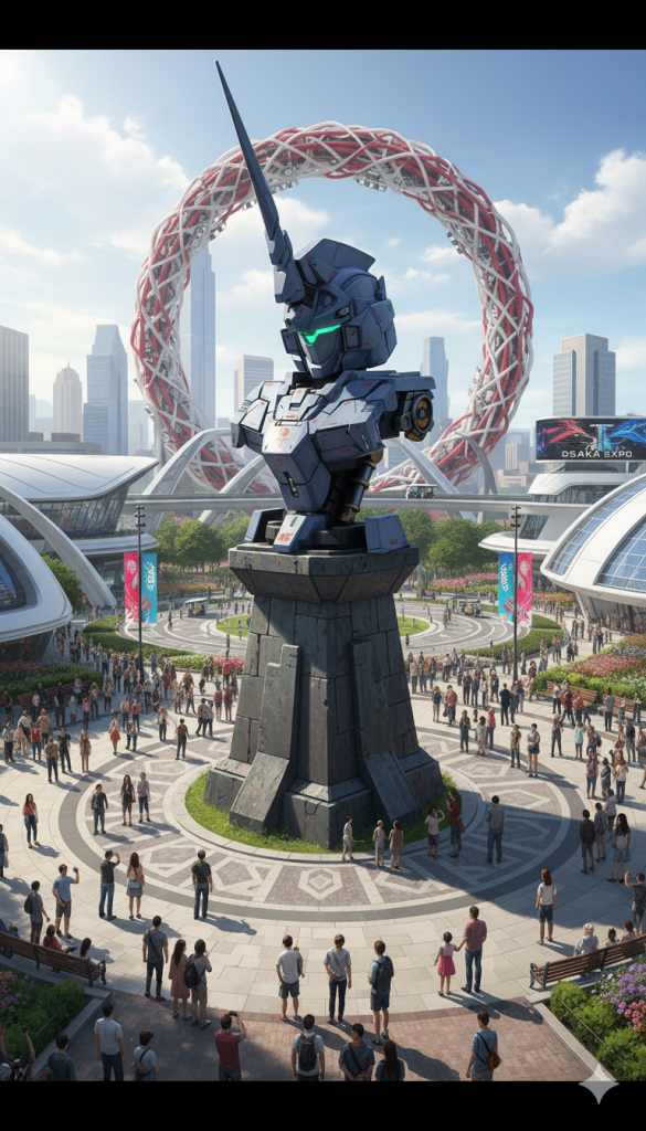 さて、最近取り入れているAI画像生成です。万博会場に展示されている風にしてもらいました。万博会場に白と赤の線をあみあみにしたリングなんてありましたかね…。(zaku-kao4)