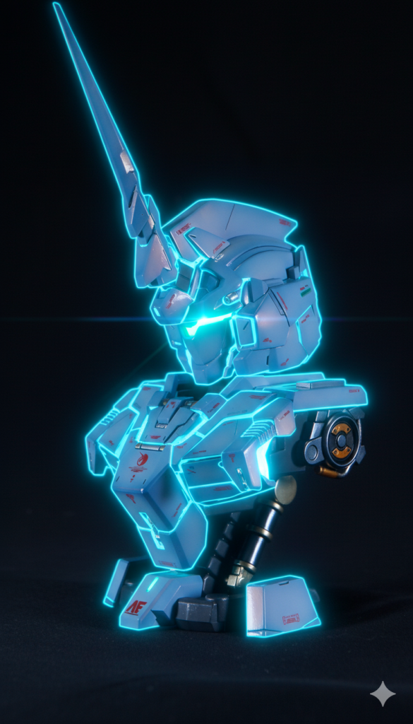 最後までご覧いただき、ありがとうございました。今年も結局積んだ数>作った数となってしまいました。来年は新しく買うのを控えながら、制作数を増やしていけるよう頑張りたいと思います。年明けには閃光のハサウェイの2作目も公開されますので、関連のキットも作りたいですね。最後の1枚はナノバナナにフレームの隙間から緑色の発光を追加してもらいました。この輝きの続きは次の投稿のお楽しみにしたいと思います。それでは、少し早いですが、みなさま、よいお年を!