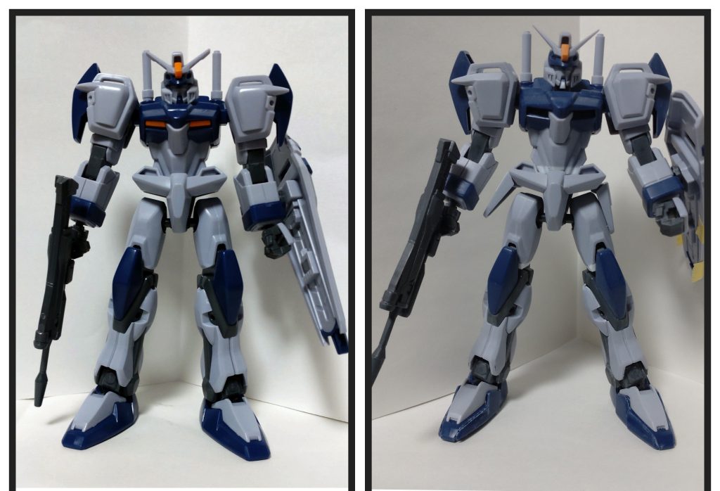 素デュエルのビフォーアフターです。合わせ目消しの他に、脚部と腰部、首、顎を延長、肩アーマー、スリッパの形状変更、張り出した脚部フレームのスリム化、シールドのオレンジ色の部分の別パーツ化を行いました。胸のオレンジのパーツはオミットしました。&nbsp;最後まで見ていただきありがとうございました。