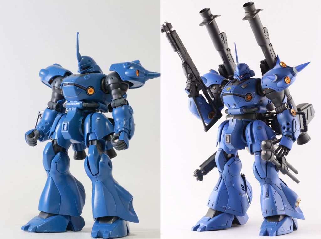 HGケンプファーの施工前後。 元のプロポーションだと胴体にギュっと詰まってて、膝から下が長く見えたので、脇腹と上半身の付け位置を上上にズラして太股を2mmくらい延長して、SEED系のプロポーションに寄せてみました。