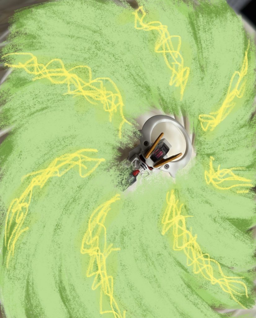 「電！」「影！！」「弾ァン！！！」　頭部を中心に渦巻く光球となったシャイニングガンダムがフィールド内を縦横無尽に飛び回り、不良グループの機体を薙ぎ払っていく。流星となったシャイニングガンダムは、距離、高度を問わず、不良グループの機体に体当たりしていくのだ。そして、そのままの勢いで地面に激突する。その衝撃で地面は抉れ細かい岩塊が、粉塵が巻き起こる。…一瞬の静寂。粉塵が収まると、そこにはビシリと着地のポーズ（一般にいう、ヒーロー着地というものだ）を決めたシャイニングガンダムの姿が現れる。「爆発ッッ！！」　着地のポーズのまま、閉じていた目をクワッと見開き土門が叫ぶ！それと同時に、かろうじて直撃を免れたリーダーとサブリーダーの機体を残し、全ての機体が次々と爆発（当然、ルールにのっとり頭部がだ！）する。…なんという光景だろうか。もはや、この決闘を観戦している生徒、教員達は何が起きているのかわからない。それもそのはず、既存のMS戦闘と全くかけ離れたものを見せられているのだから…。それは、残ったリーダーとサブリーダーも同じ、二人はただただ困惑することしか出来ない。「覚悟しろ！残りはお前達だけだ！」　困惑する二人（二機）にビシリと指を差し土門は言うと、ゆっくりと腰を落とし（当然、シャイニングガンダムが）、腰部に装着されたビームサーベルを抜き放つ。そして、各部のスラスターが火を噴くと、凄まじい勢いでビームサーベルを構え突進する。「ウォォォッ！いくぞッ！」　コクピットの中で土門は吠える。