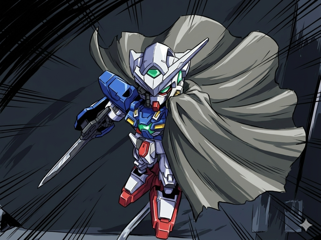 おまけその2。Geminiでアニメ風にと頼んだ生成結果。マントが凄いことに(gundam-kao3)。作ったプラモでこんな風に遊べるのは面白いです。