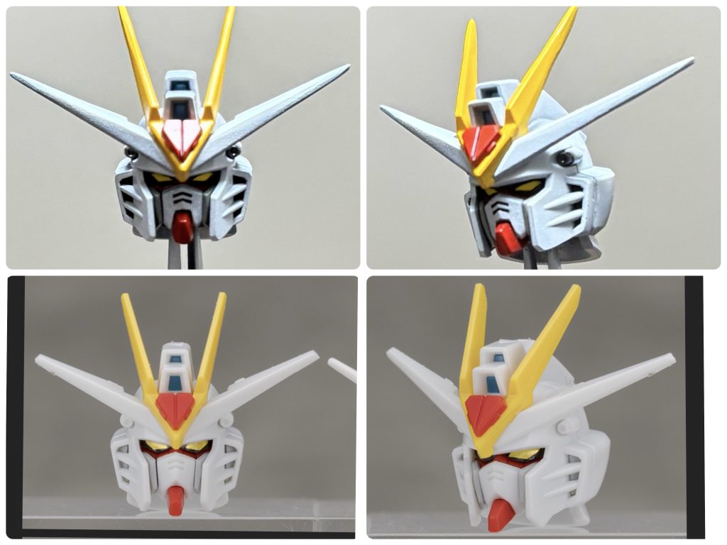 素組の頭部形状が好みではなかったので、自分好みに整形しました。MGEXストライクフリーダムの頭部パーツのシルエットを参考にしました。①口元の赤パーツの形状変更。②アンテナ3mm延長。③中央への字スリットのパーツと側面パーツのカット、ヤスリがけで形状変更。