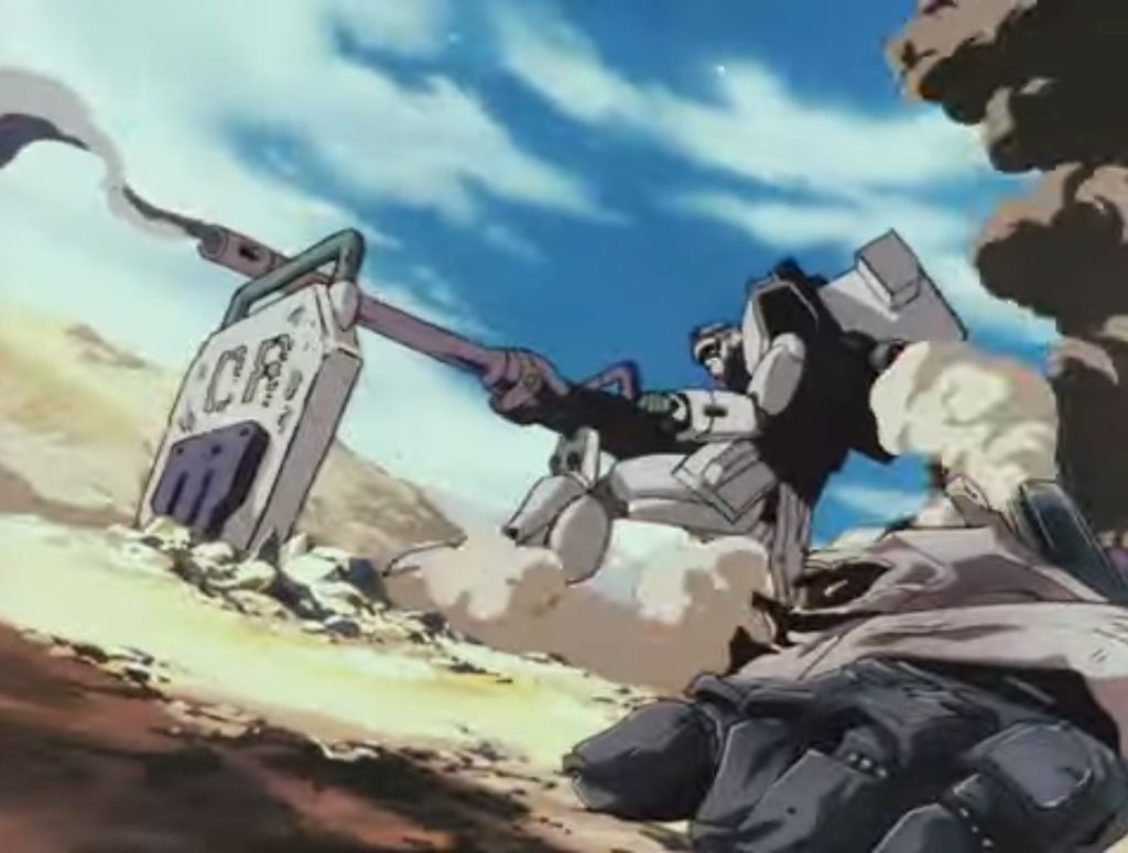 OPから派生したのかわかりませんが「輝き撃ち」というワード。知名度は高いと思います。あれは実際盾に砲撃を乗っけている…。と思わせておいての実は目の錯覚だったりと!今回は敢えてジオラマを作るにあたって目の錯覚を用いた位置に心がけました(上のはアニメの画像です)。