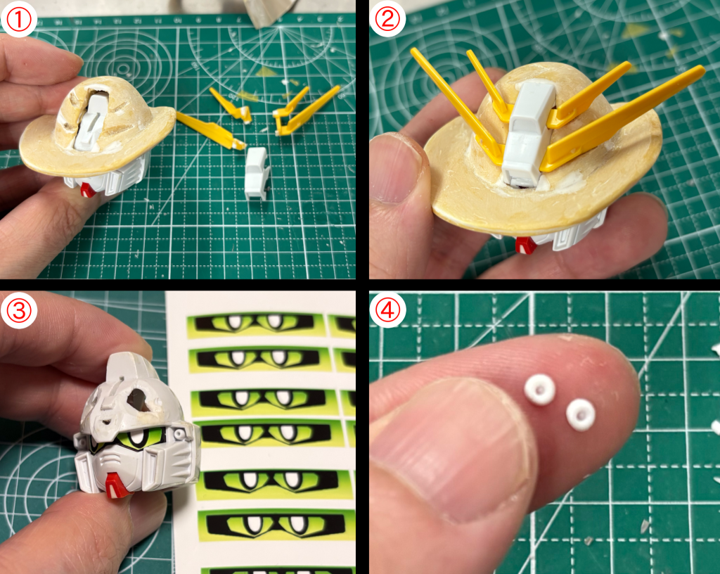 ①②テンガロンハットはエポパテで自作何度も仮組みと調整をしたことでブレードアンテナはバッキバキ③目は瞳がないタイプなのでペイントソフトで描いたものをファミマのシールプリントで印刷、200円瞳の位置やグラデーションのかかり具合を微妙に変えながら並べ、一番いいのを使いますまた、干渉する部分を抉ったりして調整しています④後で帽子の上に乗せるバルカンの砲口吹っ飛んだら終わりなので緊張感がありました