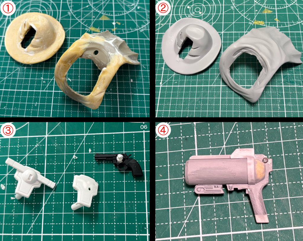 ①②帽子とマントもうガッタガタで表面処理が大変、めっちゃ頑張りましたマントはモデリングサポートグッズのクラッシュマントを切り貼りしつつ制作③サーベルを切り落として銃を装備パッケージイラストだとオートマチックっぽいのですが、西部劇風だったらリボルバーの方が似合うかなと思って勝手に変更イングラムから拝借です④調べたところゴッドは小型のグレネードランチャーが武器だと書いてありました腰の銃とは別のものなんですかねモデリングサポートグッズを使いつつ自作ですそれとゴッドはやっぱ格闘がメインでしょーってことで銃はあくまでサブウェポンとし左手装備にしました
