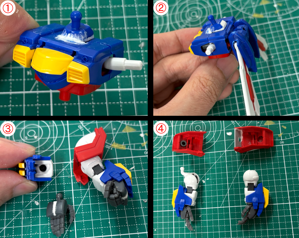 ①②胴体はマントを着れるよう都合のいい形にあちこち変更前後にかなり縮めました③ハンドパーツは極め手+ビルドハンズの甲の部分を合わせています④肩はキットのままだと腕を横に広げられないので挟み込むように変更←未加工　　加工済→