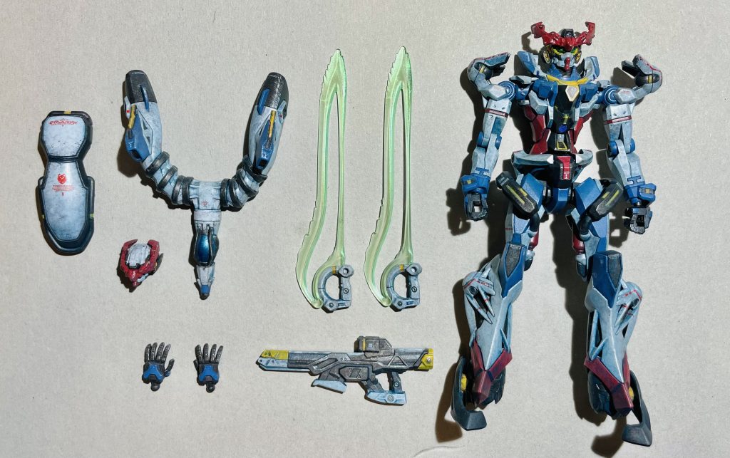 ここで塗装メモのお時間。下地はメカサフヘヴィ【白装甲】ガルグレー ▶︎ GQuuuuuuXホワイト【青装甲】ガンダムエアリアル(改修型)ブルー ▶︎ GQuuuuuuXブルー【赤装甲】GQuuuuuuXレッド ▶︎ 赤いガンダムピンク【黄装甲】GQuuuuuuXイエロー ▶︎ ガンダムイエロー【骨格部】焼鉄色 ▶︎ GQuuuuuuXダークグレーこのGQuuuuuuXカラー達を使いたくて当初作り始めたのを書きながら思いだした…