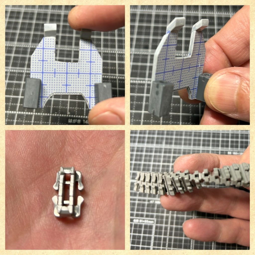 トリンプルリガーの全部のソリ部分は工作しました。ベルトリンクいいパーツが見当たらなかったのですがで鉄道模型のエリアにちょうど良い形のものがあったのでそれを購入(本来の用途は全く不明ですが…)つなげてみるとそれらしくなったので良かったです