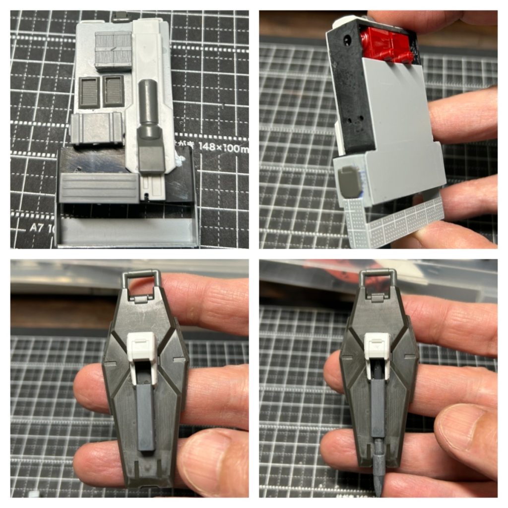 バックパックは100円の電池ケースを流用してジャンクパーツなどでそれらしくしました。ボトムズといえば、パイルバンカーシールドと言うロマン兵器も必要と思い、これもそれらしく細工をしてらしくしました。