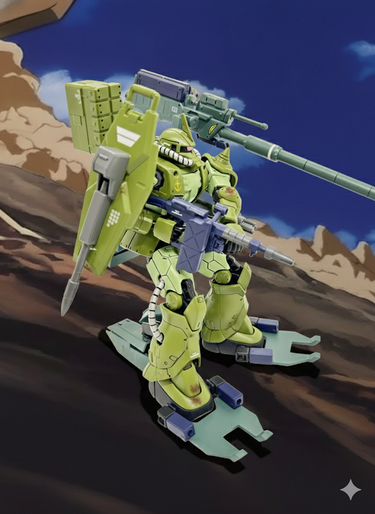 写真は北海道旭川市に司令部を置く陸上自衛隊第二師団隷下の第二機動歩兵(MS)大隊第一中隊の久備桐古二尉の機体である。バックパック下部には、ザクマシンガン用のボックス型マガジンを計7個懸架することで継戦能力が向上し、バックパック右側には10連装ミサイルポッド、左側には大口径のドロッパーズフォールディングガンを装備、脇部には四連装ミニガンを装備することで圧倒的な前面への実効制圧力を確保した。また右肩部には従来の盾を、近接戦闘用のパイルバンカーを装備したシールドに換装することで近接戦闘能力も強化している。