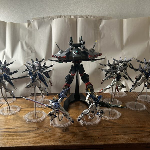 設定内容：地球連合軍第3ルクセンベルグ艦隊。大西洋連邦ダブリン基地から出撃され、ザフト所有ジブラルタル基地の襲撃に向かっている。その後地球圏に降下したベルサイユ艦隊と合流し、各地アフリカユニオンに建造されたザフト軍基地や各地大陸にルクセンベルグ艦隊に侵攻されている。&nbsp;と言う設定にしてみました。&nbsp;長年数々のキットを組み立ててストライカーパックを改造、もしくは塗装したりしました。（3枚目）