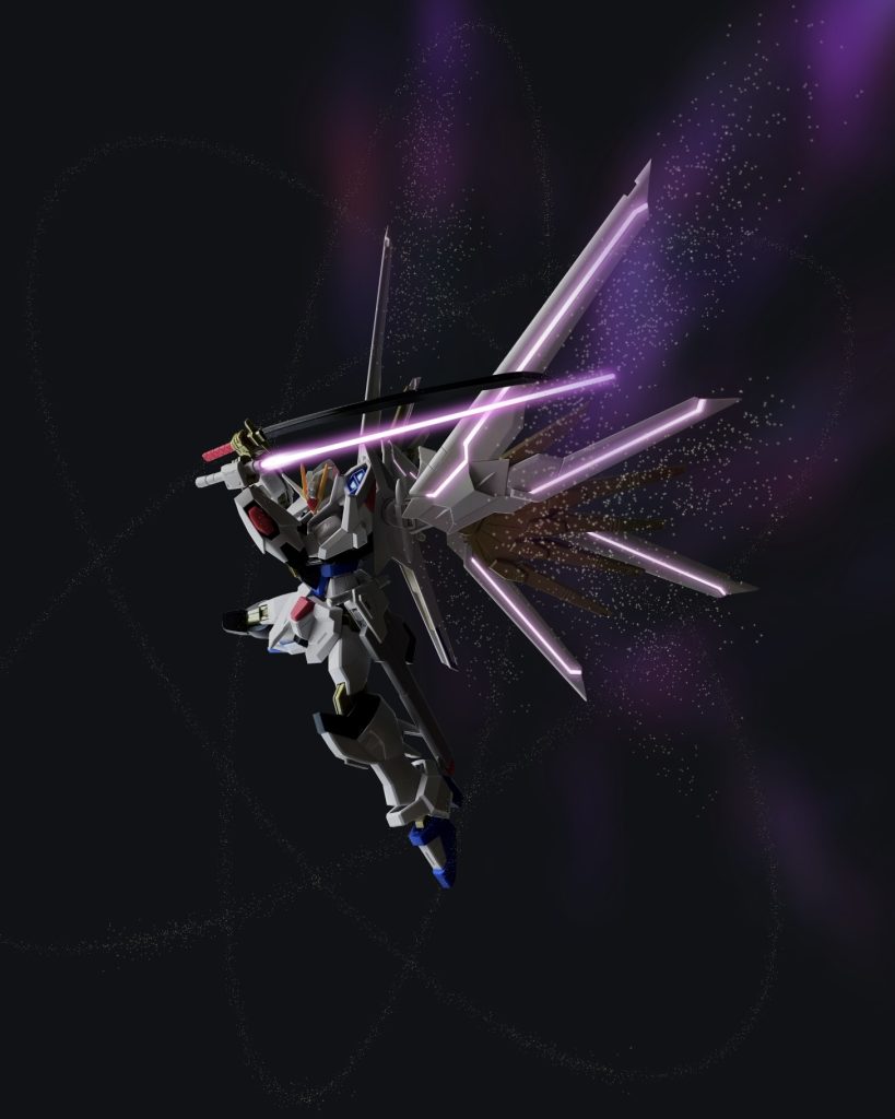 HGCE 1/144 インフィニットジャスティスガンダム弐式（INFINITE JUSTICE GUNDAM Type II）HGCE 1/144 マイティーストライクフリーダムガンダム（MIGHTY STRIKE FREEDOM GUNDAM）背景、エフェクトなどはプロクリエイトで描画してます。