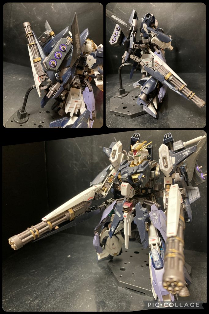 背中に固定武装となる２丁のビームガトリングガン。ちょっと複雑な収納ですが、折り畳んであります。使用時は展開して両手に持てます。多数の敵機を対象に使用します。