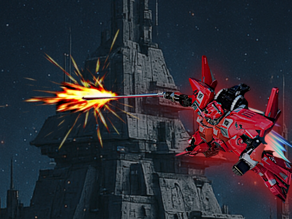 アキラは背面の追加ブースターユニットをパージし、それらをおとりにした。緋色月影舞刃（スカーレット・ストレート）を抜刀し、レゾナンスの管制部を切り、見事レゾナンスを破壊することができた。