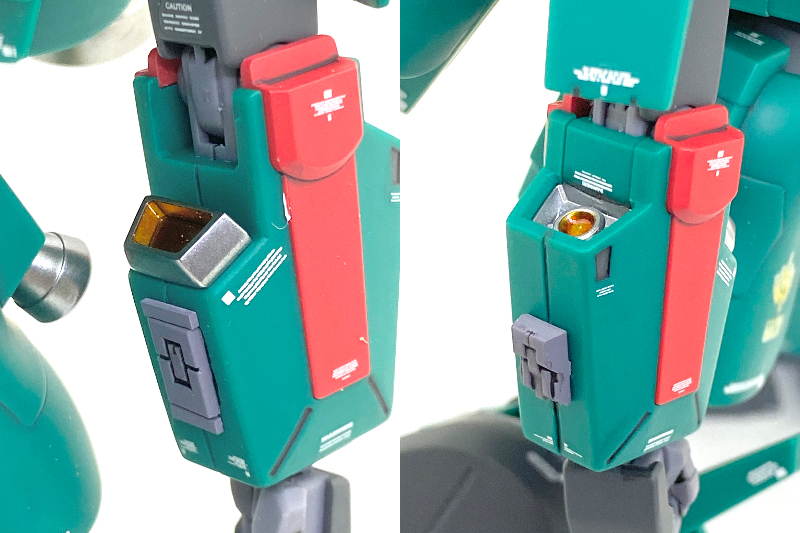 腕はモロにモナカ割りなので合わせ目を段落ちモールドにして、真ん中にディテールプレートやプラチップを貼っています。おかげでスラスターは軽いマスキングでメタリックに塗り分けられました。