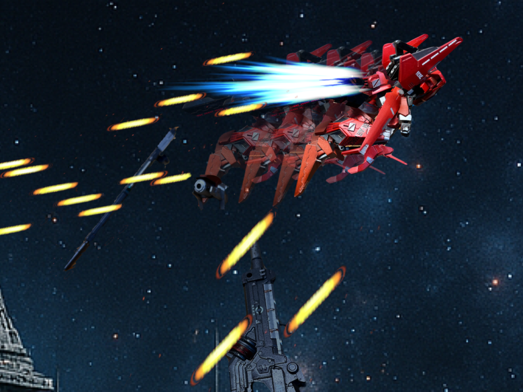 アキラは背面の遠距離武装2丁をパージし、それらをおとりにした。リミッターを解除し、赤い光の筋を描き、敵の攻撃を軽々とかわし、