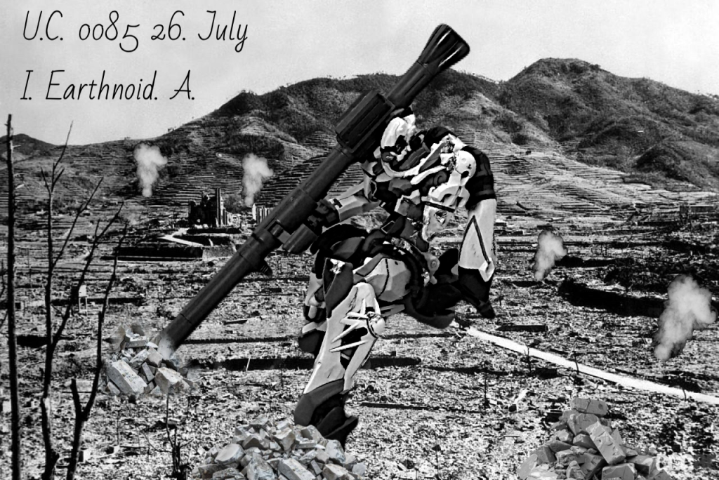 最後に、戦争写真集っぽく画像編集してみました。GQuuuuuuXが連邦軍に獲されるのを恐れて地球に降下し紛争地帯に着陸。無人の機体を現地の戦場カメラマンが撮影した。的な話ですかね?まぁ、GQ世界とは別の宇宙の話なので、好きにしていいでしょう。