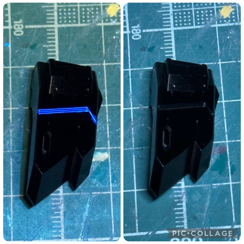 黒なので青が目立ちにくく、ブラックライトによる印象の変化が大きいです。