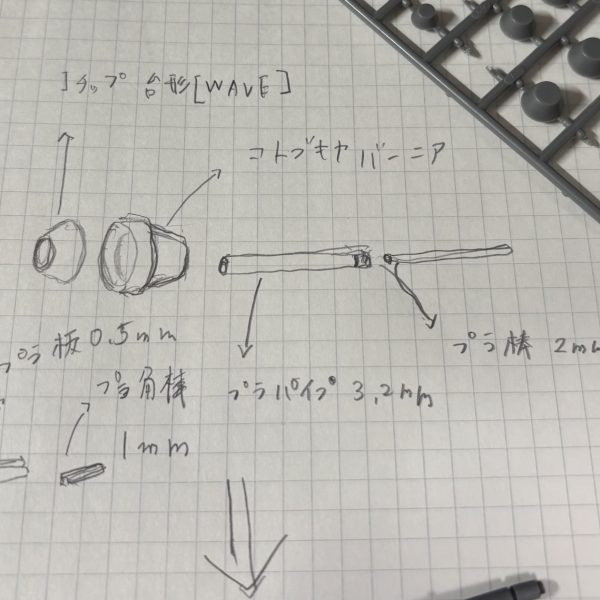我が敬愛する老眼卿氏からバトンを頂き、至極光栄なお言葉も頂けたので、前回バトンは間違えたような気もするのですが今回は武装スクラッチについて記述したいと思います。【リレー順】「バレーボールおじさん」氏を先頭に、「ニャア軍曹」氏「さーしースー」氏「ヨッチャKID」氏「ASUR」氏「meg-ocero」氏「さめ」氏「ミズカともかさ」氏「Sont@」氏「MSV-K」氏「mototti」氏「ろぶやん」氏「ape100」氏「TOMSIM」氏「おやプラ」氏「SC30」氏「猩々(しょうじょう)」氏「Hiro0079」氏「アツボー」氏、今回「復讐の老眼卿 -Rōgankyō- 」氏反響が多かったバーニアなどの組み合わせで作るシュツルムファウストについてです。※汚い絵と文字で申し訳ございません。材料Iチップ台形-waveコトブキヤバーニア3.2mm/4.2mmプラパイプ2mmプラ棒1mmプラ角棒0.5mmプラ板どれも一般的なご家庭にある材料ですので、残り物でできますね。写真の手書き通りなトーンで組み合わせて作っています。コツは必要な本数分材料を切り出して、サイズを合わせること。※4.2mmプラパイプ書き忘れ特にプラパイプの切り出しはパイプカッターで同じ長さで切り出すのは難しいので、切り出してから削って揃えましょう。武装のスクラッチは基本こんなトーンで、プラパイプの口径違いを重ねて銃口にして、0.3/0.5/1mmプラ板を組み合わせで作っています。皆さんの独自のシュツルムファウストが量産され、実弾兵器だらけになったら嬉しいです。いつか実体弾系の銃のスクラッチも記述してみたいですね。少しでも皆さんの参考になれば嬉しい限りです。(2枚目)