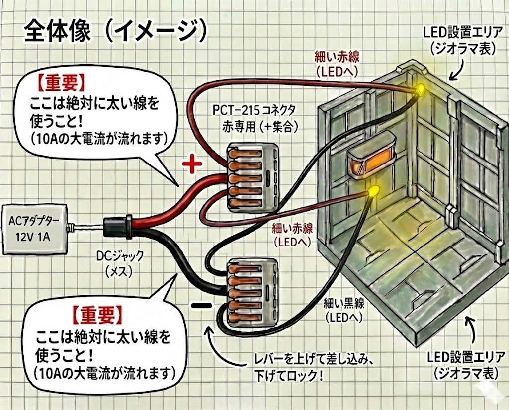 大きなジオラマも含めて、どうやってこんなもの作ってるかなのですが…写真で説明するのもメンドイし、絵を描くのが絶望的に下手っぴなので…生成AIにイメージ図を書かせました！（AIスゴすぎ！賢すぎ！）各種ツールはAmazonで今頼んでも明日か明後日には来る勢いで揃います！汎用品ばかりですが、コネクタはオススメです。メンドイはんだ付けが省略できます。ジオラマそのものはもちろん天下の山田化学様で100均な！塗装は、白サフ吹いて、タミヤのAS-26「ライトゴーストグレイ 」（スプレー）です。1箇所間違いがあって、アダプタは12V10Aです。10Aは、LED400～500個近く光らせることができる滅茶苦茶ハイパワー＆高価な物なもんで、ちょっとしたジオラマなら3Aもあれば充分！。電球を増やしたい場合は、コネクタをどんどん増やして、ツリー図（家系図とかロジックツリーとかみたいなやつ）のように広げていくイメージです。コネクタ同士を繋ぐ時は、もちろんぶっとい線でつないでくださいね！昔理科で学んだ「並列繋ぎ」が基本です。あくまで参考ですので、電飾化はもちろん自己責任で！不安な時は、上画像をコピーして、生成AIに貼り付けて、「この構成図で電球〇〇個にしたい時にはどうすればいい？優しく教えて？」みたいな感じで聞くと、ビックリするくらいわかりやすく教えてくれますよ！