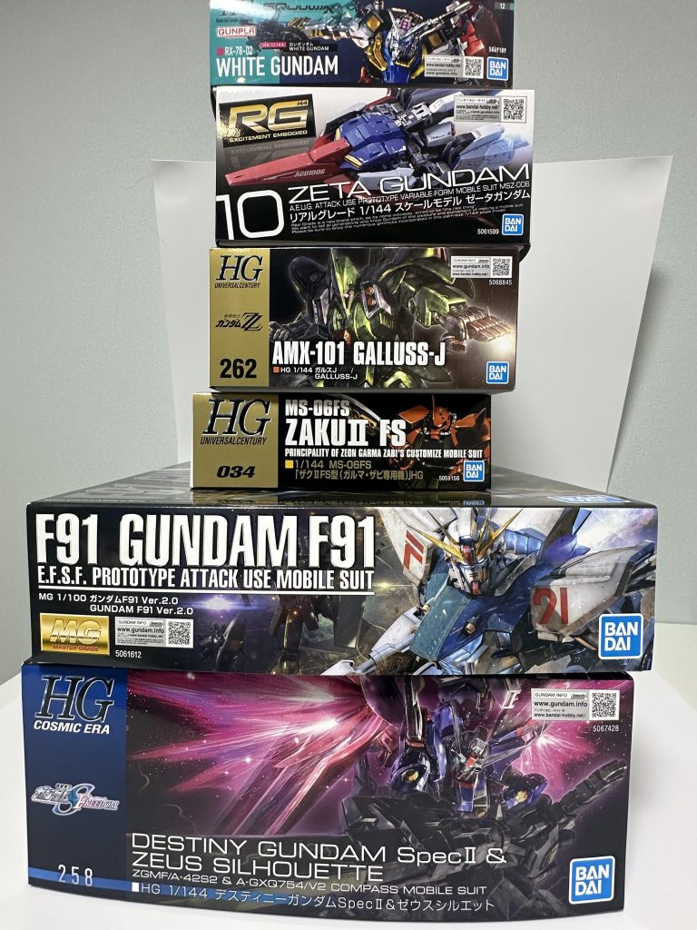 この他に完成済みが８体、これにプレバンで購入したデナン・ゲーとジムスナイパー（リド・ウォルフ機）があるので気長に制作していこうかと思います。完成済みは今後徐々にアップします。