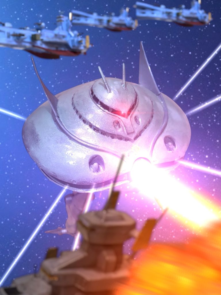 　やがて、ソロモンの中から現れたのは、緑色の、巨大な機体だ。　トゲのついたラグビーボールか、出来損ないのハンバーガーのような体に、奇妙にほっそりとした脚が２本ぶら下がっている。２本の脚は、艶かしくすら見えた。　どういう理屈か分からないが、そのMAは、艦砲射撃のビームを弾いている。異形の巨体は、艦隊中央まで突貫すると、四方からメガ粒子砲を放ち、地球連邦軍の艦艇とMSを薙ぎ払った。