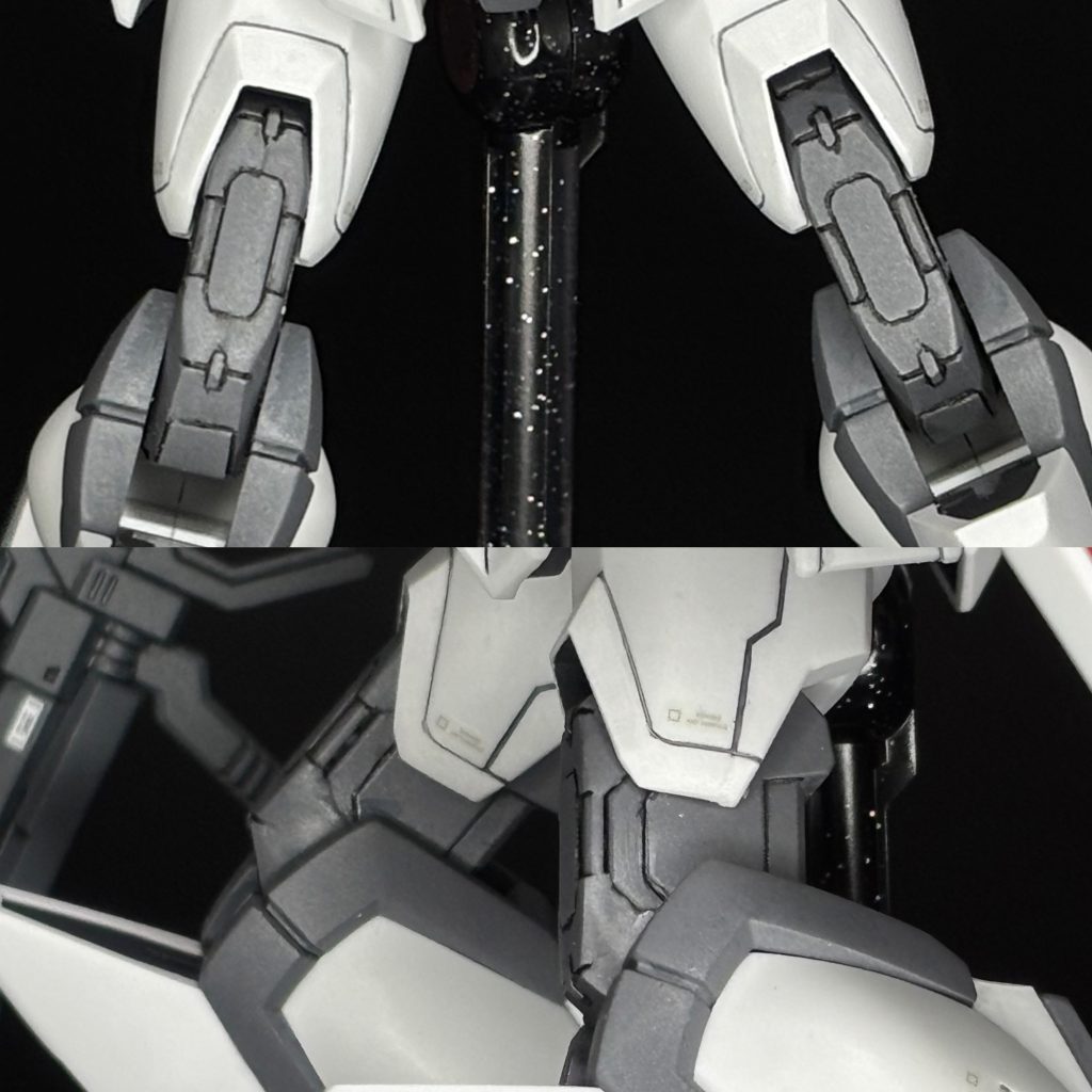 個人的に一番苦心したのがこの膝パーツ。肉抜き穴をパテで埋める作業もあったのですが、それよりもパーティングラインがガッツリある引けも結構あるKPS素材である上記3つの条件によって表面処理が結構難しかったです。関節部分なのでそこまで気を張らなくてもあんまり見えない箇所かと思いきや、この機体にはここを綺麗に仕上げる価値があると思ってます、何故ならば…