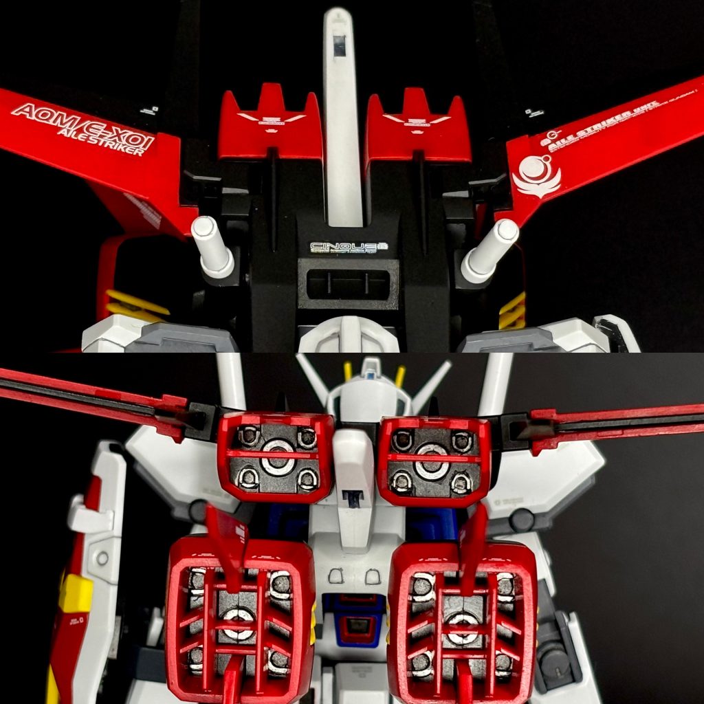 エールストライカーを接写で。バーニアを細かく塗ったり、デカールを派手めに貼ってみたりしました。