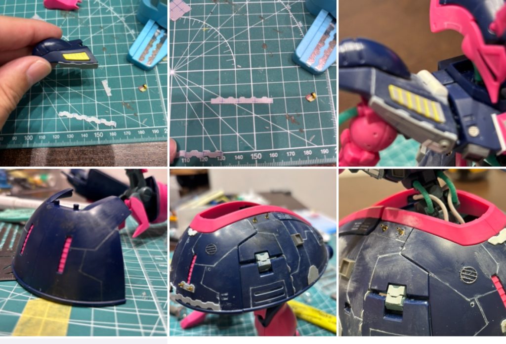 写真上、右肩ディテールです。段差モールドつけましたが、バウンド・ドックの肩ってとても複雑な形をしているんです。背面は丸く、前面は三角形みたいな。頑張りましたが濃紺のカラーも相まって完成後ほぼ認識できません💦写真下は見せ場のスカート。大量にスジボリ入れました。スジボリの深さが場所によりチグハグになってしまいました💦「◯回ずつひく」とか決めておくべきでした。達人の人アドバイス欲しいです。また、濃紺に何色で墨入れしたらいいのかも教えて欲しいです。