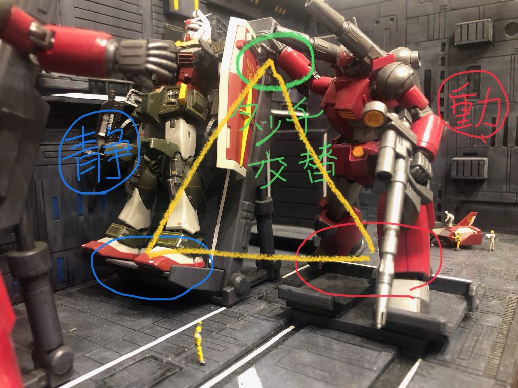 ④演出について⑸「総員第一戦闘配置につけ‼️」と言う作品です。カイ:「ニヒヒヒヒっ。アムロちゃん、お先〜」アムロ:「カ、カイさん❗️」「ガンダムのメンテナンスまだ終わらないんですか⁉️」と言う会話が聞こえてくる場面です。「動」と「静」の合わせ技。本来なら主役だが、動けないガンダム(静)を左側に配置し、右側から追い越すように出撃するガンキャノン(動)を配置することでガンキャノンの優位性を演出しました。さらに左手にライフルを持たせ、右手でガンダムに触れる(タッチ・交代する)ことでこのシーンの主役はガンキャンであることを強調しています。・・・見切れていますが手前に調子に乗るカイを制止するハヤトのキャノンがいます笑