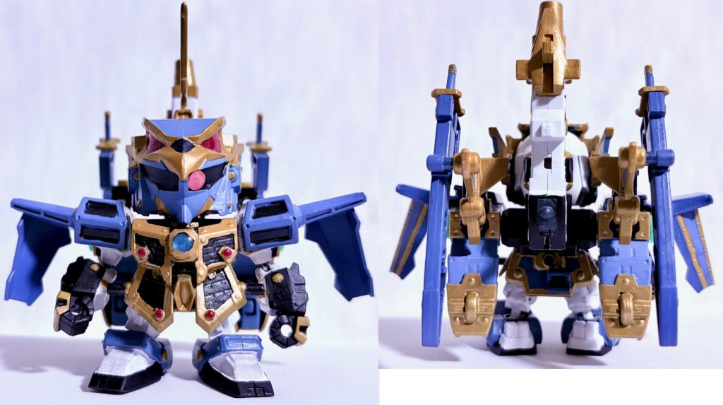 武器をすべて背中にしょわせた状態。重心が後ろに行くので、倒れやすい(gundam-kao10)