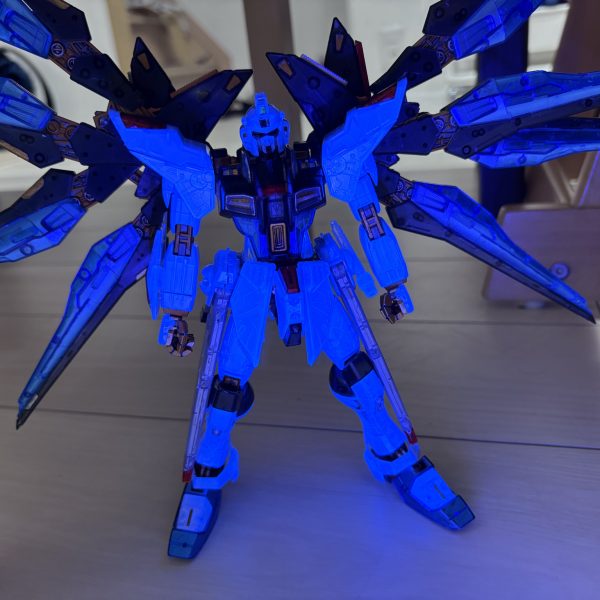 すでに過去の主役機かなと思っていたストフリ。個人的人気ランキングでは、ストライク＞フリーダム＞ストライクフリーダムなんだけど、背中の背負いものデカいとやっぱかっこいいわ⭐️ひと塗装済んだら組み立ててニマニマしています😊ちなみにブラックライト試してみたら、手脚のクリアホワイトのみ反応しました（2枚目）