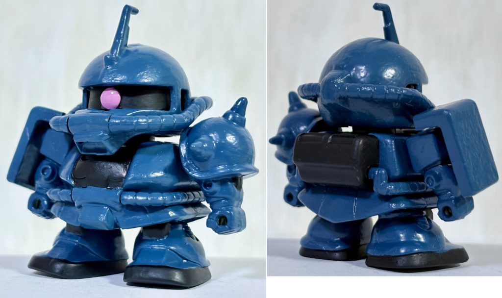 フロントビューとリアビュー。今回は息抜きに作ったので、モノアイにHアイズを使用した以外は特に手は加えてない。軍警ザクにしようとも思ったがこれにマッチするパトランプがなかったのでストレートにノーマルザクにした。