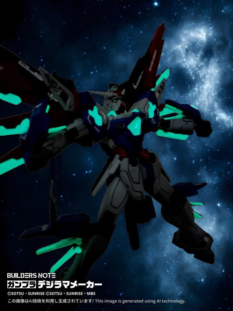 蓄光塗料を使用することで、暗闇での発光ギミックを搭載。名付けて、スターライトシステム！粒子放出量を極限まで高めることで、機動力、火力ともに数倍に跳ね上がる！！&nbsp;ビルドファイターズを見ながら作成しました！！このガンプラで熱いバトルができたらなぁ〜✨