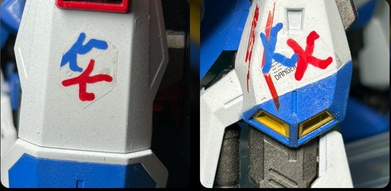 シールドと左足側面にはオリジナルのマーキングを(ちなみに、KK と書いてあります)