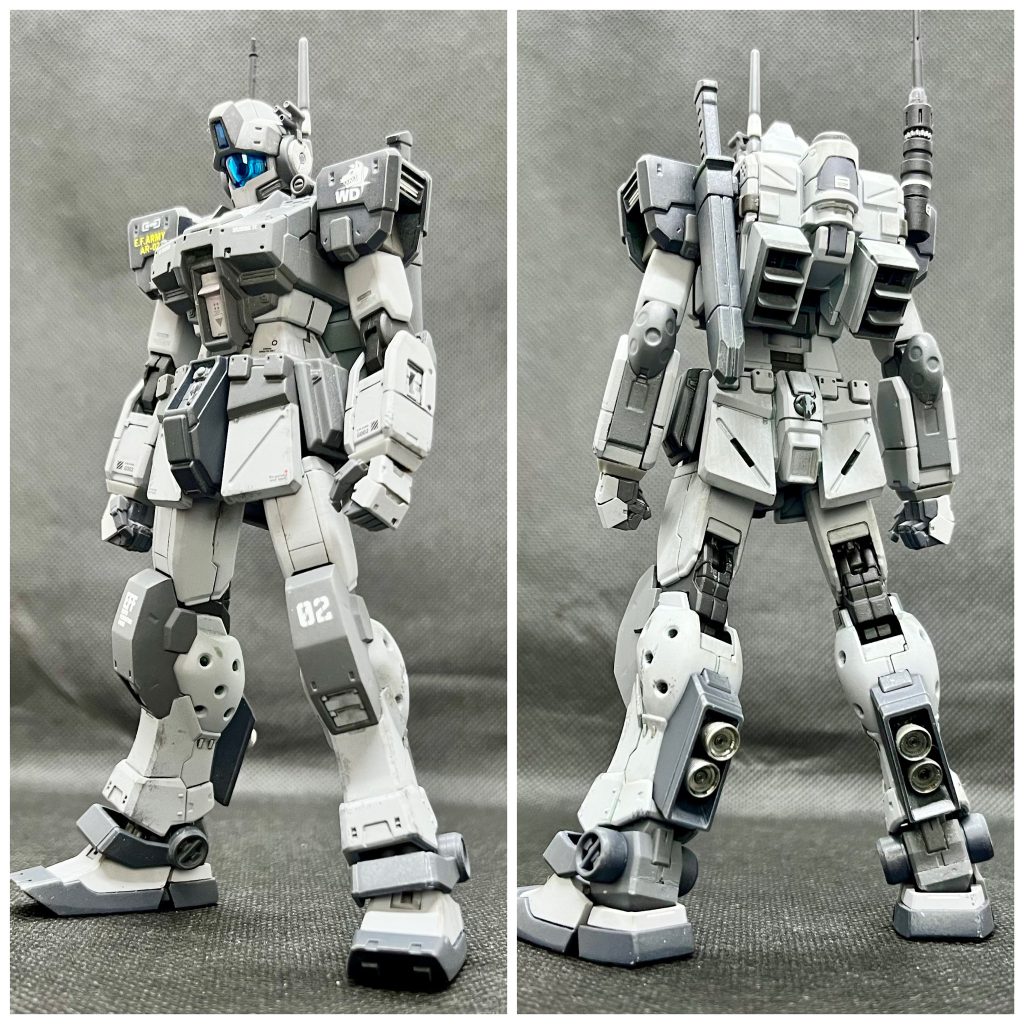 HG ジムスパルタンはディティールが細かく、武装もてんこ盛りで良いキットなのですが、自分には若干うるさ過ぎな感じだったので、少しシンプルめにしてみました。・肩のシールドをオミット・肩のお札みたいなのをオミット・バイザーを小型化・太ももを延長・上腕と前腕をそれぞれ延長・腰の接続軸でPCキャップにプラ板挟んで延長・太もも裏のバーニア交換