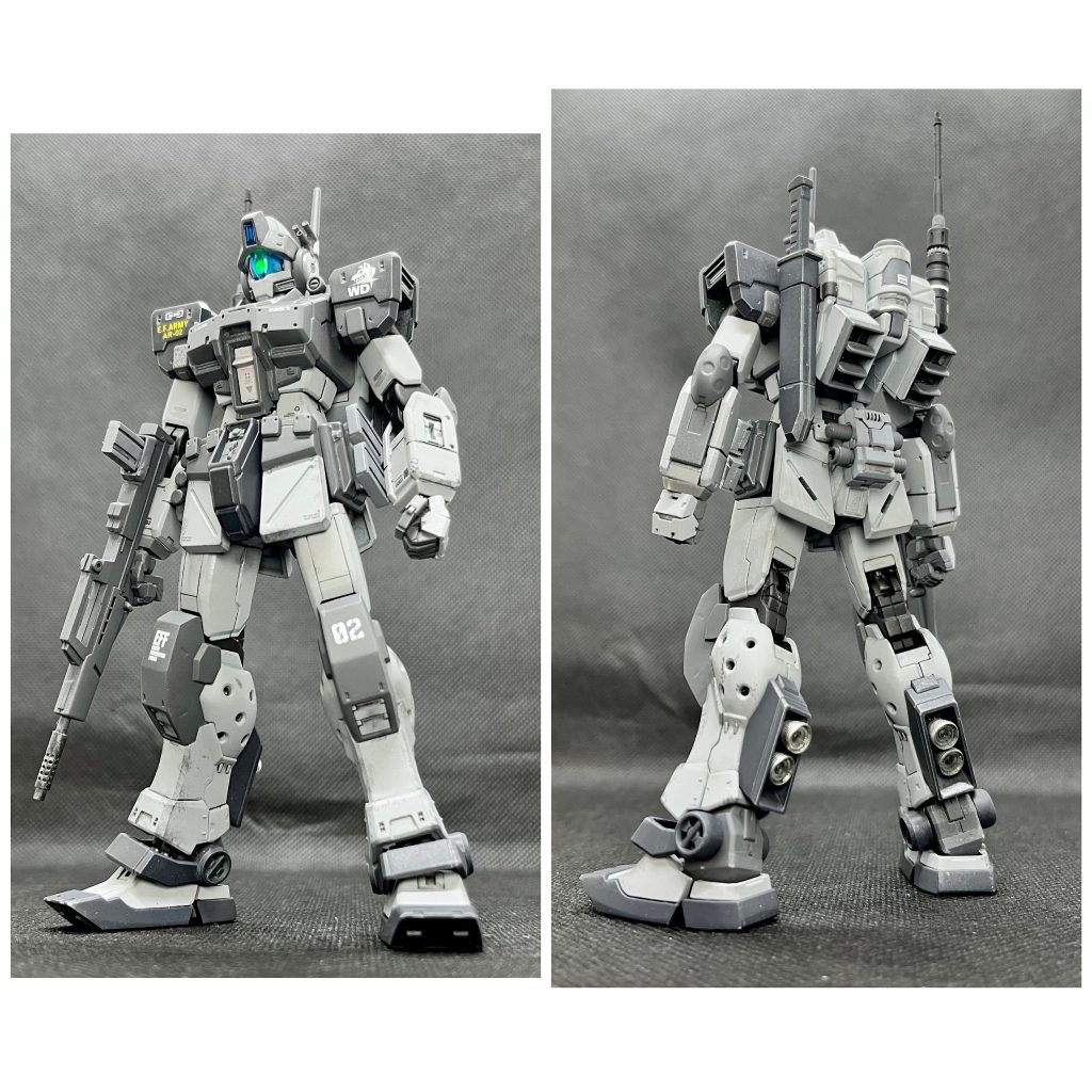 キット付属のミニガンも良いのですが、バランスが悪く構えづらいだろうなと考え、こっちを選択。いい感じで似合ってます(自画自賛)後ろ腰にはウェポンラック(あすぱら模型)にビームサーベルをセットしてます。カッコいい!(さらに自画自賛)